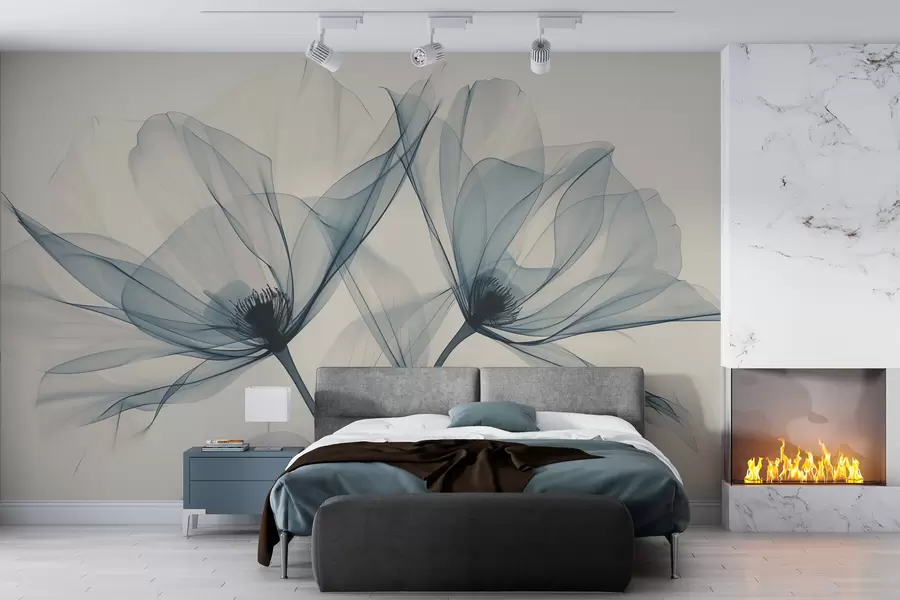 wall murals Плави провидни цвет у рендгенском стилу на светлој позадини Минималистички једнобојни ботанички дизајн w01483