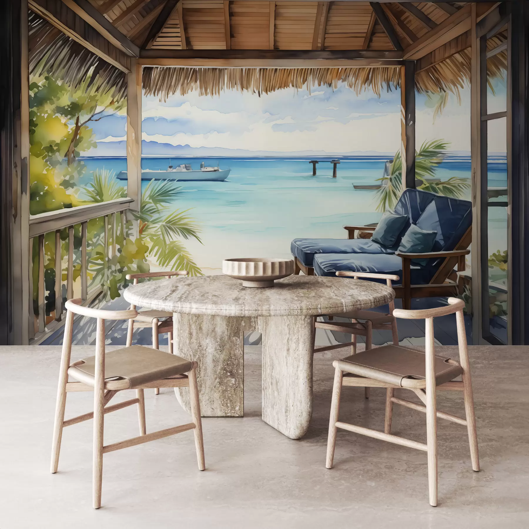 wall murals Плаве лежаљке на тераси за опуштање уз морски акварел w01056