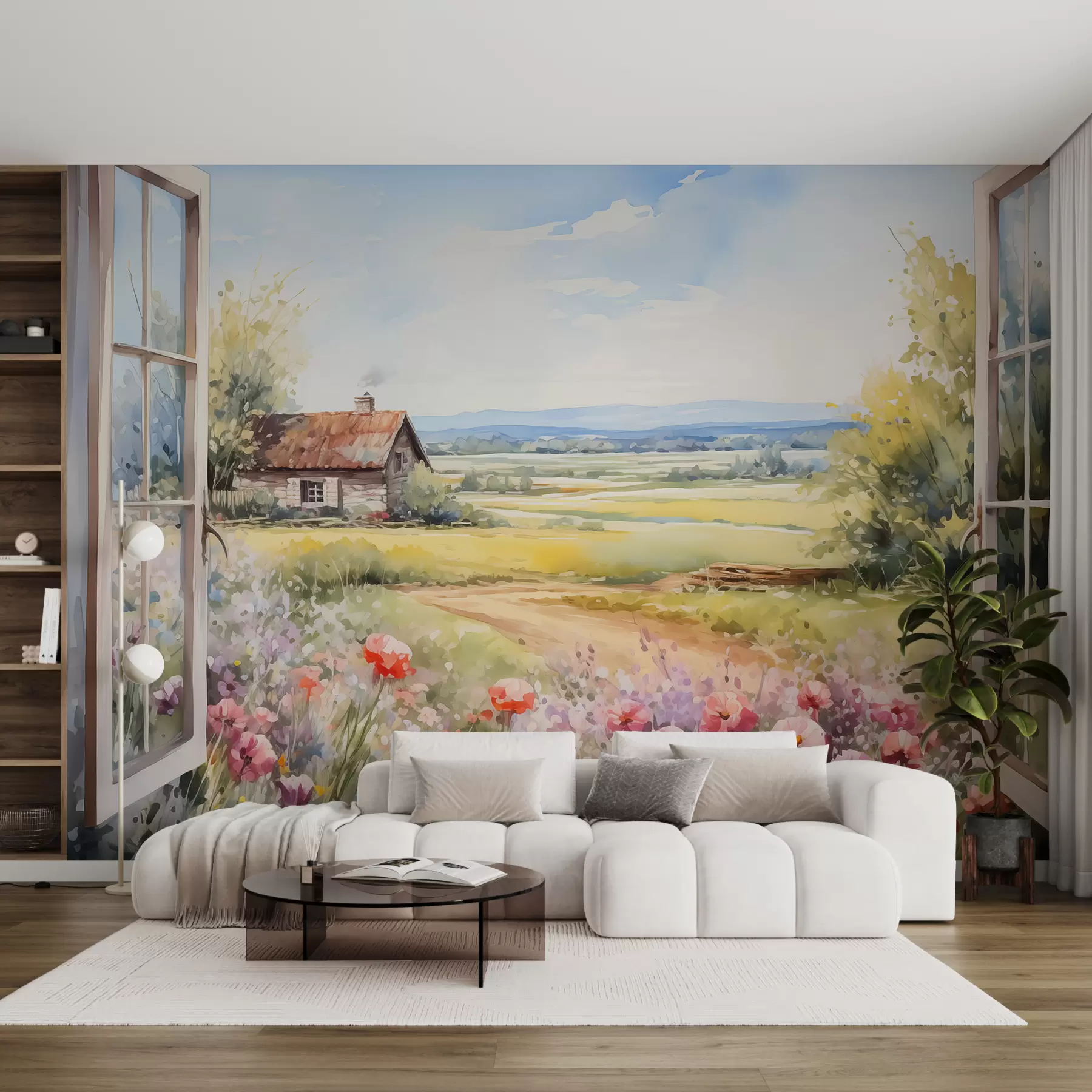 wall murals Поглед са прозора на ливаду са цвећем и акварелом сеоске куће w01057