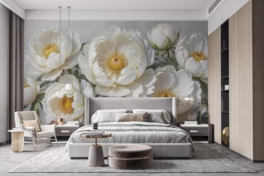 wall murals Бела обимна слика божура са жутим средиштима, окружена зеленим листовима на светлој позадини w08249