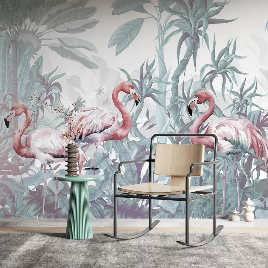 wall murals  Ружичасти фламингоси стоје у бујном, тропском лишћу са великим палминим листовима и цвећем у нијансама зелене и беле w08250v1
