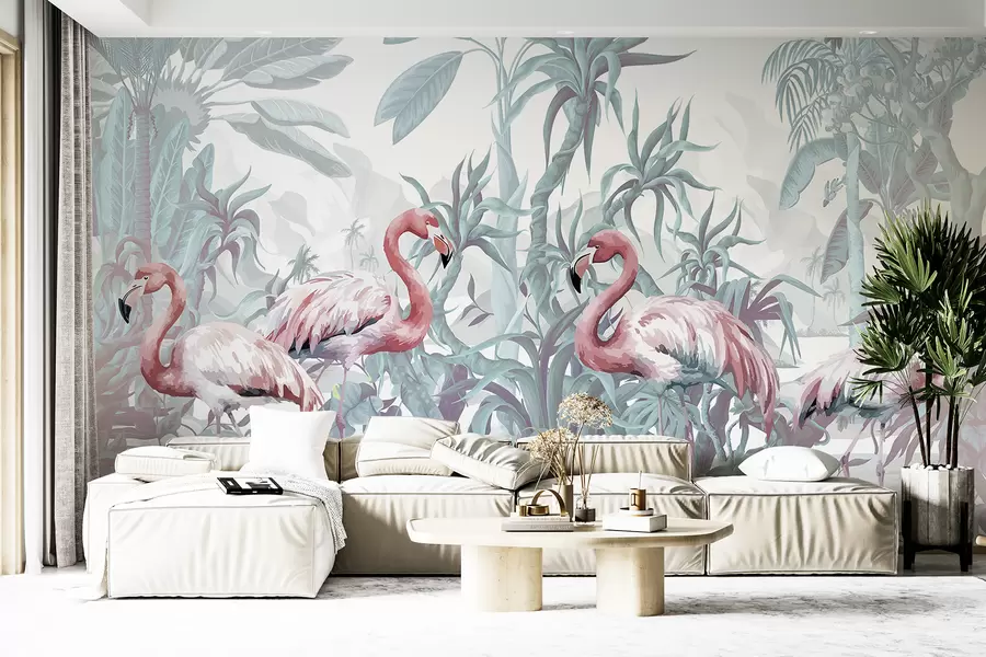 wall murals  Ружичасти фламингоси стоје у бујном, тропском лишћу са великим палминим листовима и цвећем у нијансама зелене и беле w08250v1
