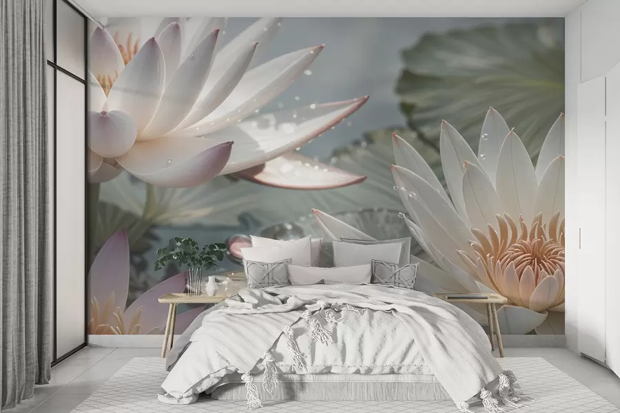 wall murals Крупни план белог лотоса са капљицама воде на латицама на замућеној зеленој позадини w08252