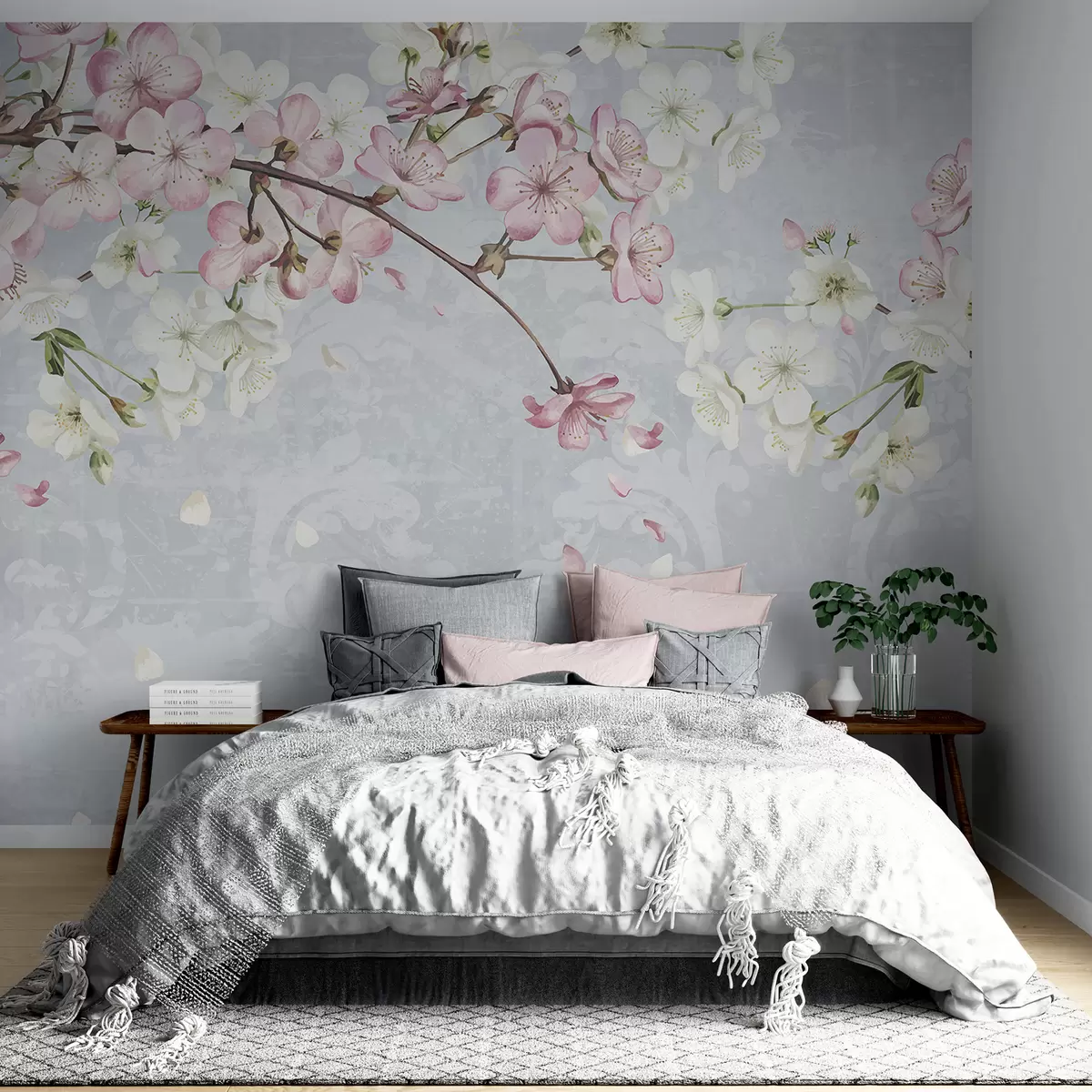 wall murals Ружичасти и бели цветови трешње у пуном цвету, са меким латицама које падају на текстурисану плаву позадину w08254