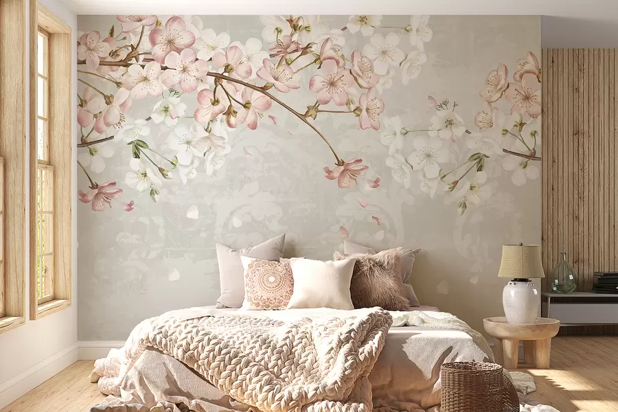 wall murals Ружичасти и бели цветови трешње у пуном цвету, са меким латицама које падају на текстурисану беж позадину w08254v1