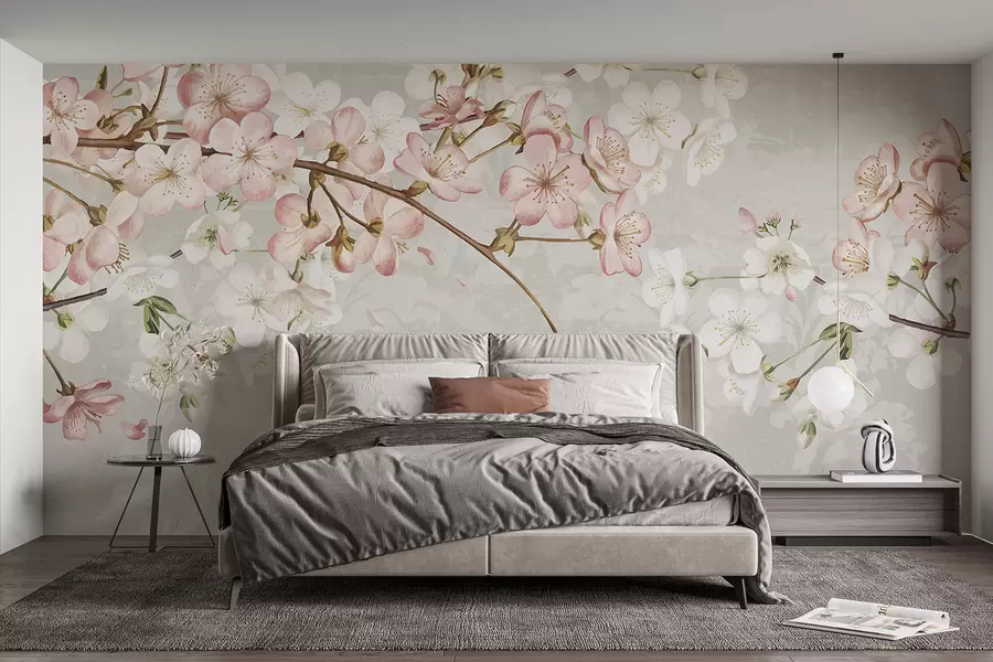 wall murals Ружичасти и бели цветови трешње у пуном цвету, са меким латицама које падају на текстурисану беж позадину w08254v1