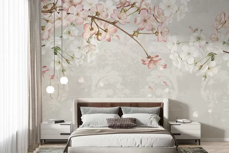 wall murals Ружичасти и бели цветови трешње у пуном цвету, са меким латицама које падају на текстурисану беж позадину w08254v1