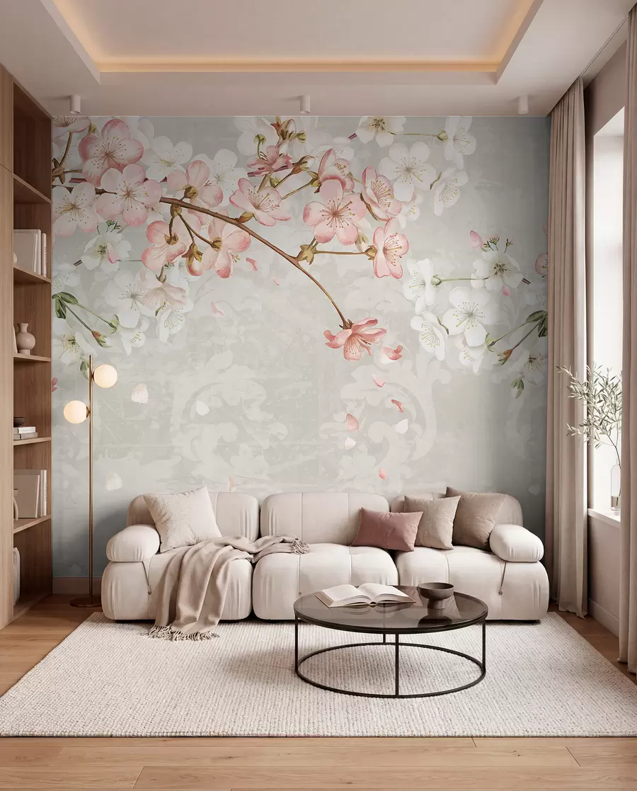 wall murals Ружичасти и бели цветови трешње у пуном цвету, са меким латицама које падају на текстурисану беж позадину w08254v1