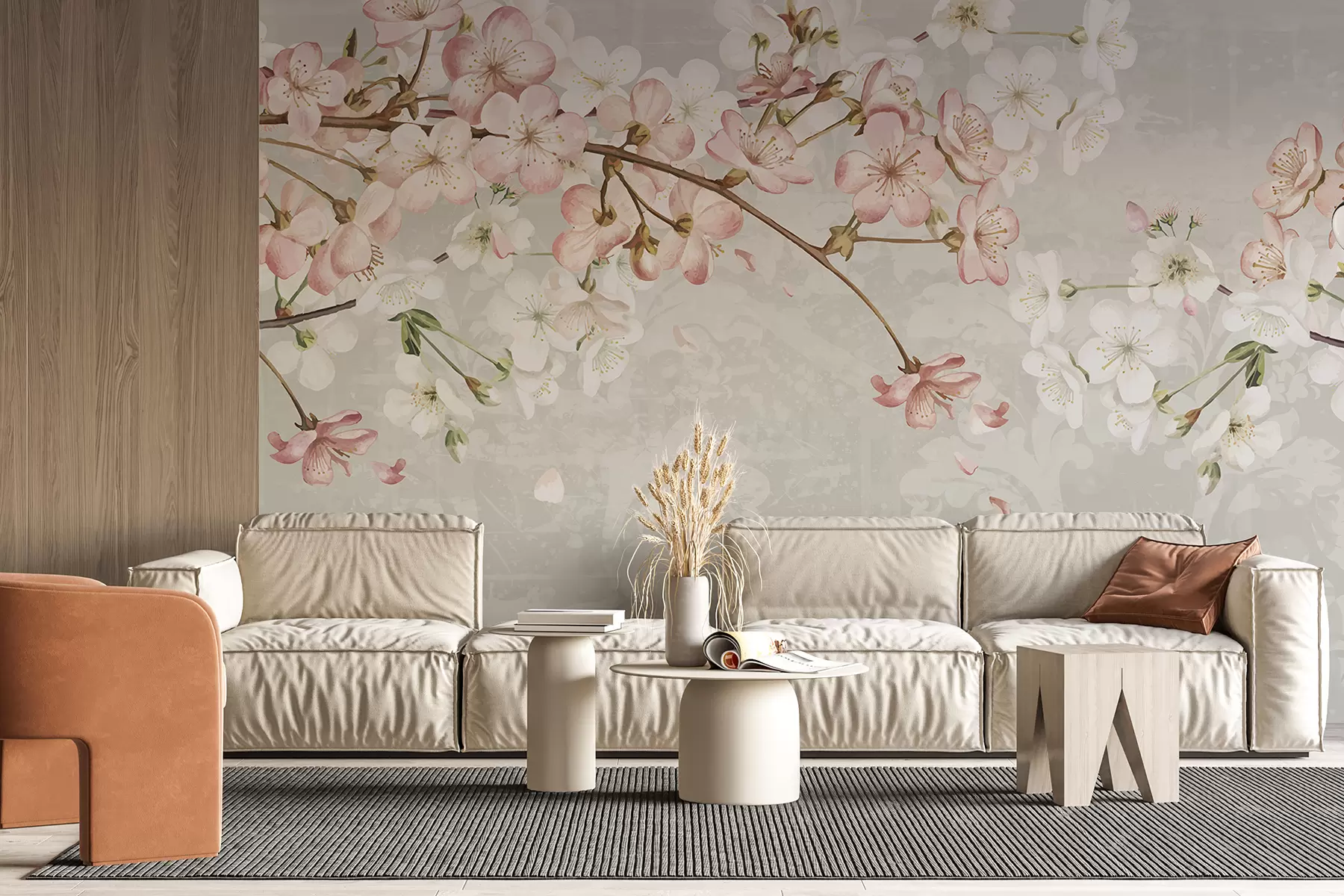 wall murals Ружичасти и бели цветови трешње у пуном цвету, са меким латицама које падају на текстурисану беж позадину w08254v1