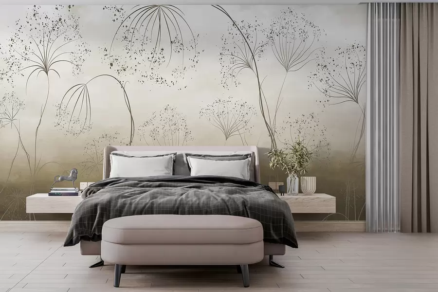 wall murals Смеђе високе, танке биљке са деликатним цветовима у облику кишобрана или главама семена у магловитом, атмосферском окружењу w08258