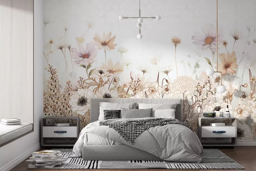 wall murals Поље белог, беж и ружичастог цвећа и лишћа на мекој, замућеној цветној позадини w08259