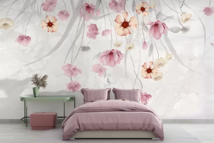 wall murals Деликатно пастелно ружичасто и жуто цвеће са жутим средиштима каскадно пада на меку, замућену позадину w08261v1