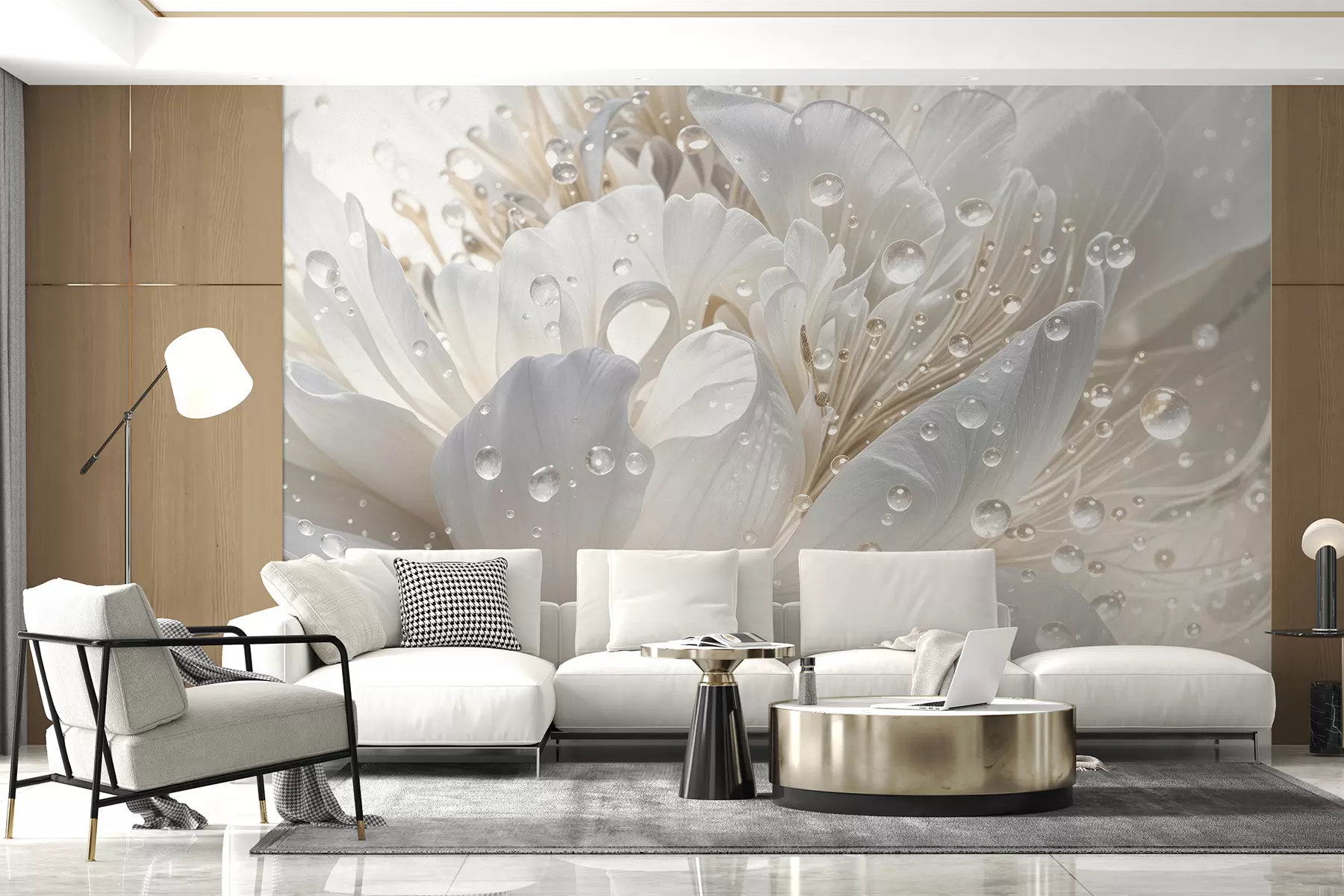 wall murals Крупни план цвета белог божура са деликатним латицама и капљицама воде w08262