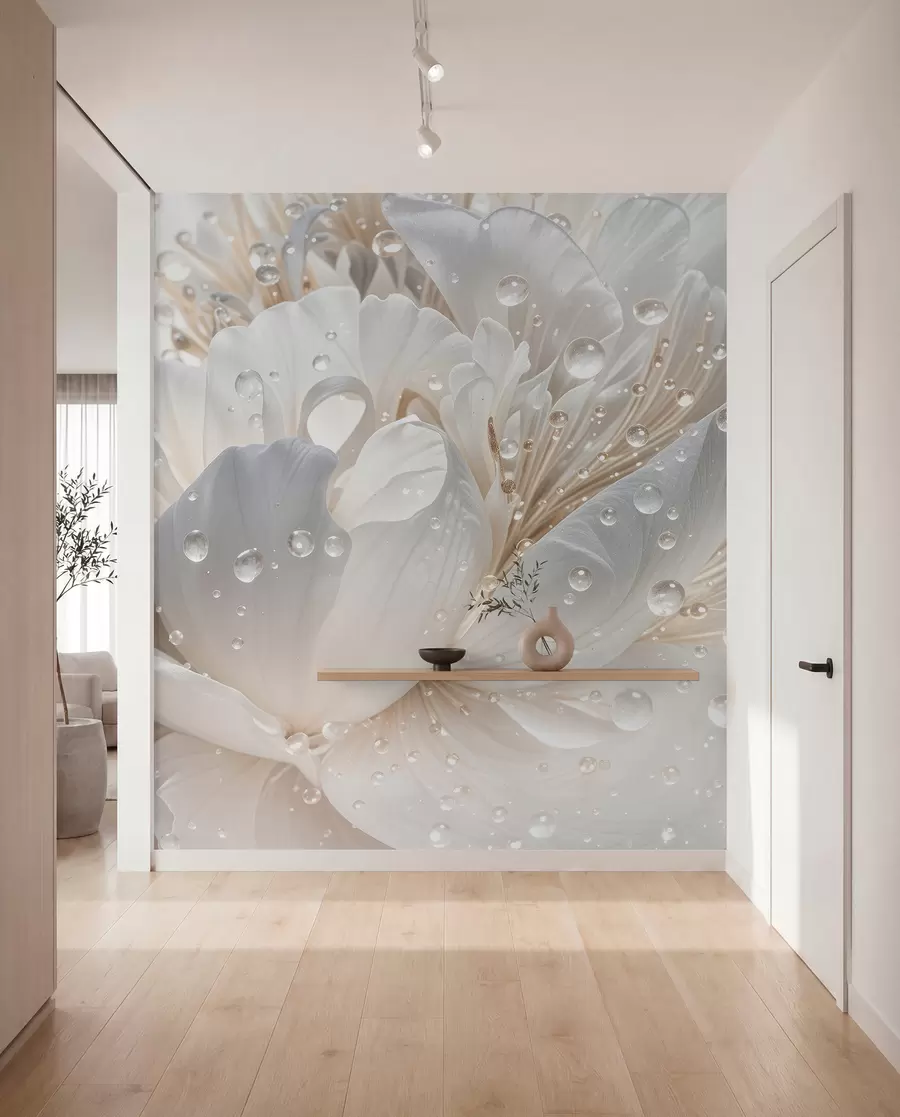 wall murals Крупни план цвета белог божура са деликатним латицама и капљицама воде w08262