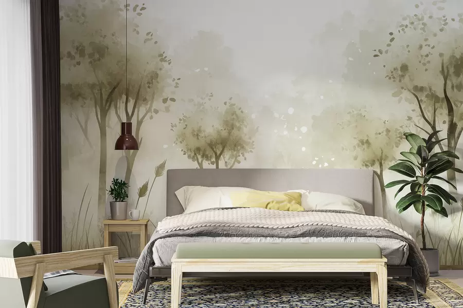 wall murals Акварел шума са травом и дрвећем, зелене боје w01546v1