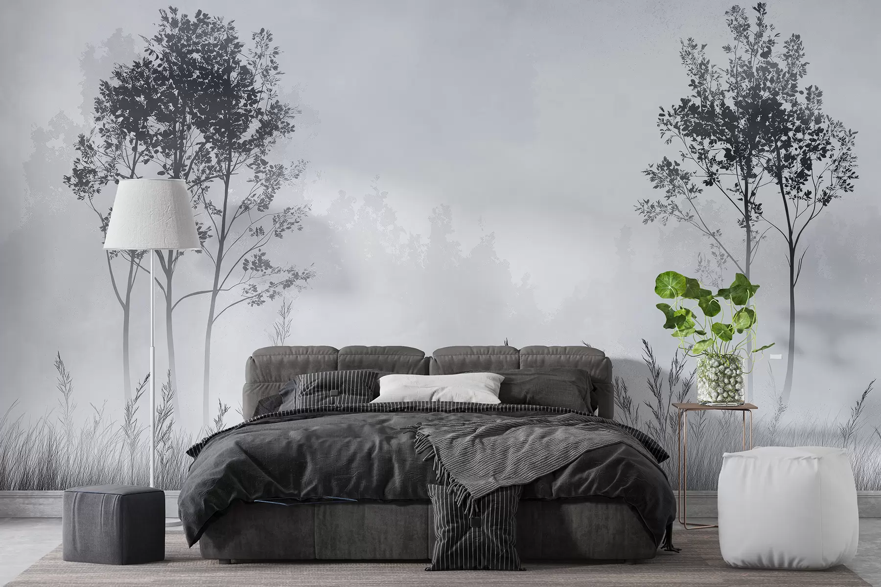 wall murals Магловита шума, природни пејзажи, ливада, дрвеће, сива боја w01547v1