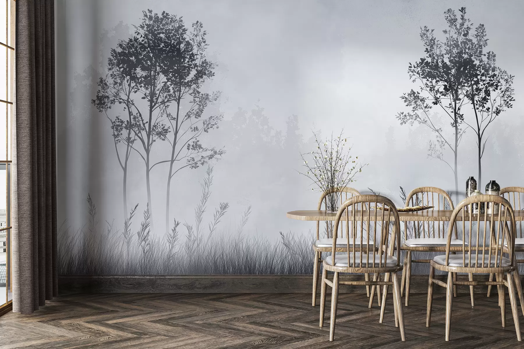wall murals Магловита шума, природни пејзажи, ливада, дрвеће, сива боја w01547v1