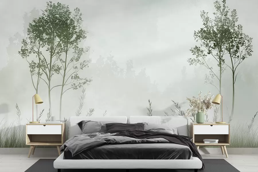 wall murals Магловита шума, природни пејзажи, ливада, дрвеће, зелена боја w01547v2