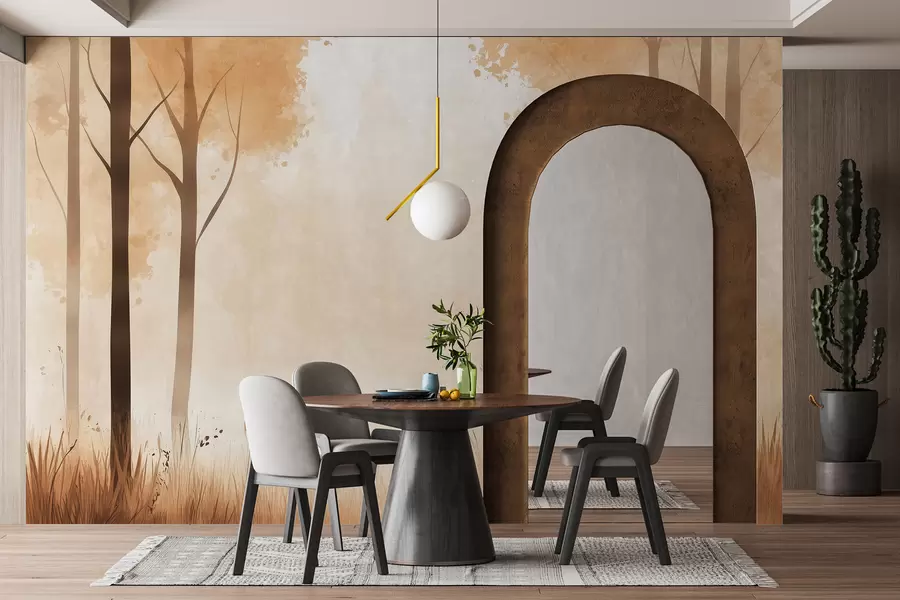 wall murals Акварел шума, магла, дрвеће, трава, природни пејзаж, беж боја w01563