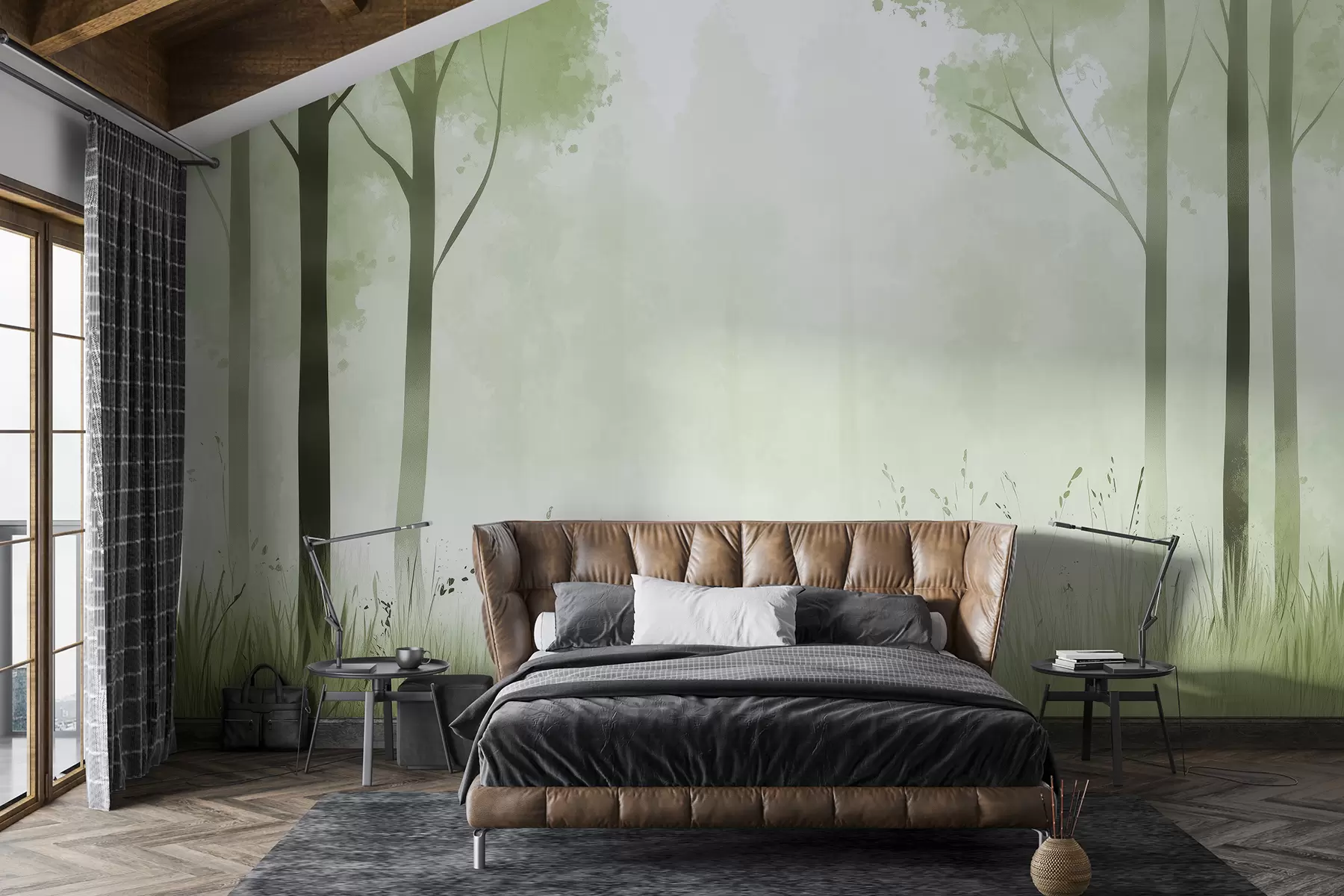 wall murals Акварел шума, магла, дрвеће, трава, природни пејзаж, зелена боја w01563v2