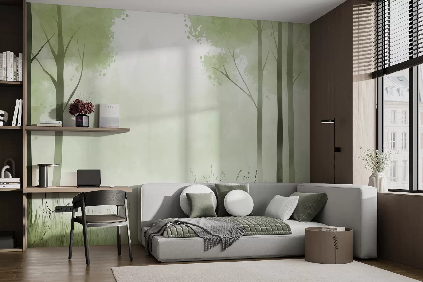 wall murals Акварел шума, магла, дрвеће, трава, природни пејзаж, зелена боја w01563v2