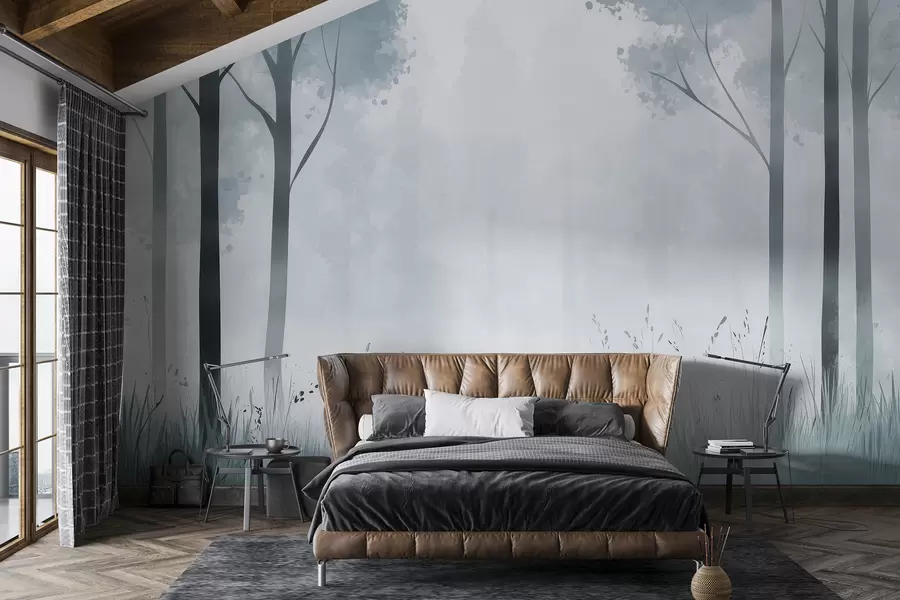 wall murals Акварел шума, магла, дрвеће, трава, природни пејзаж, сива боја w01563v3