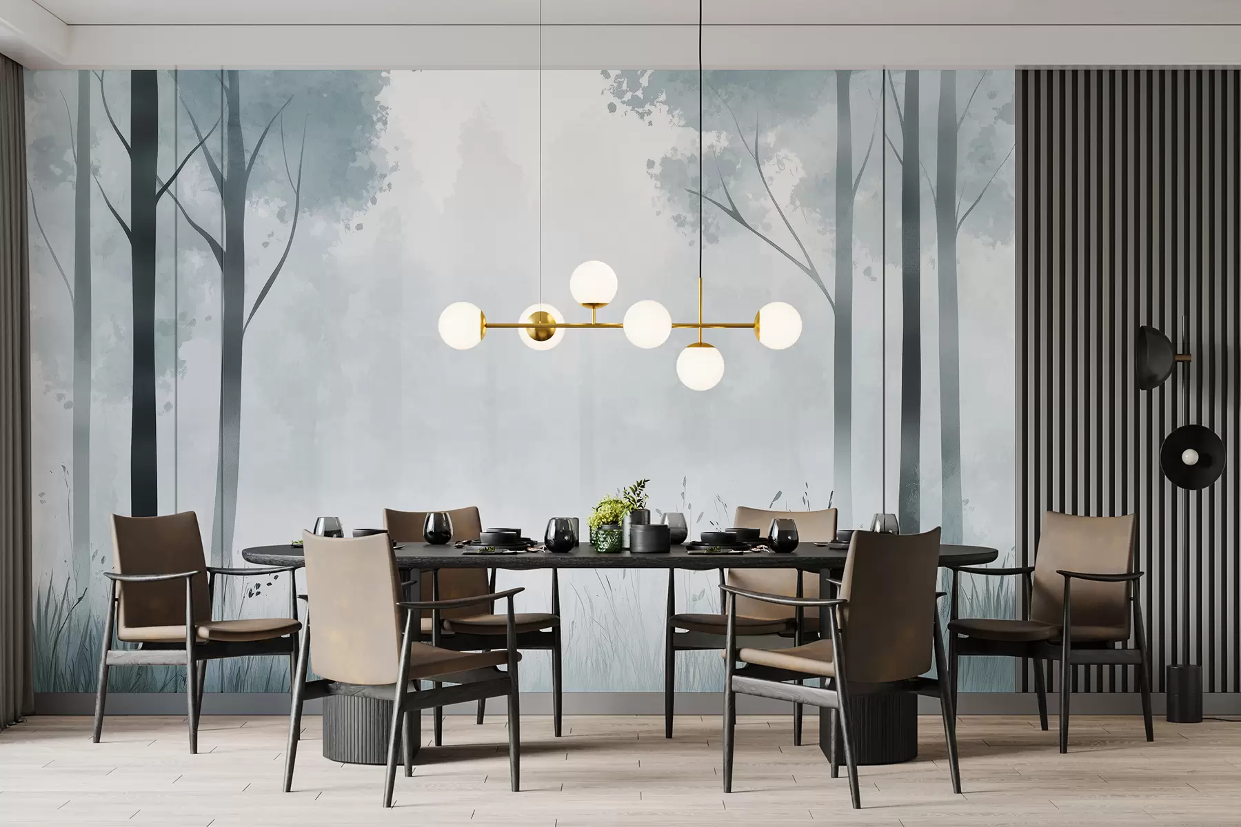 wall murals Акварел шума, магла, дрвеће, трава, природни пејзаж, сива боја w01563v3