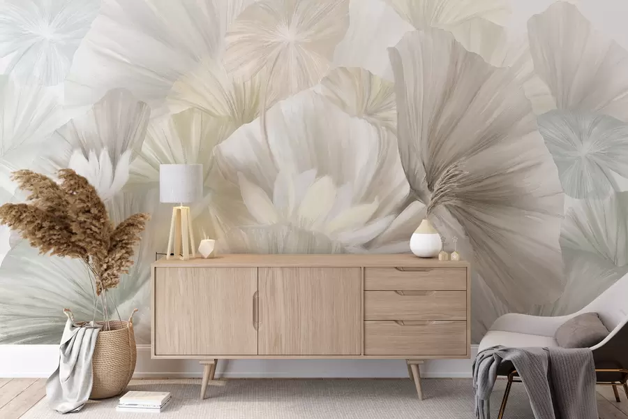 wall murals Нежни зелени листови лотоса са белим цветовима са меким, пернатим латицама распоређеним у природну уметничку композицију w08265