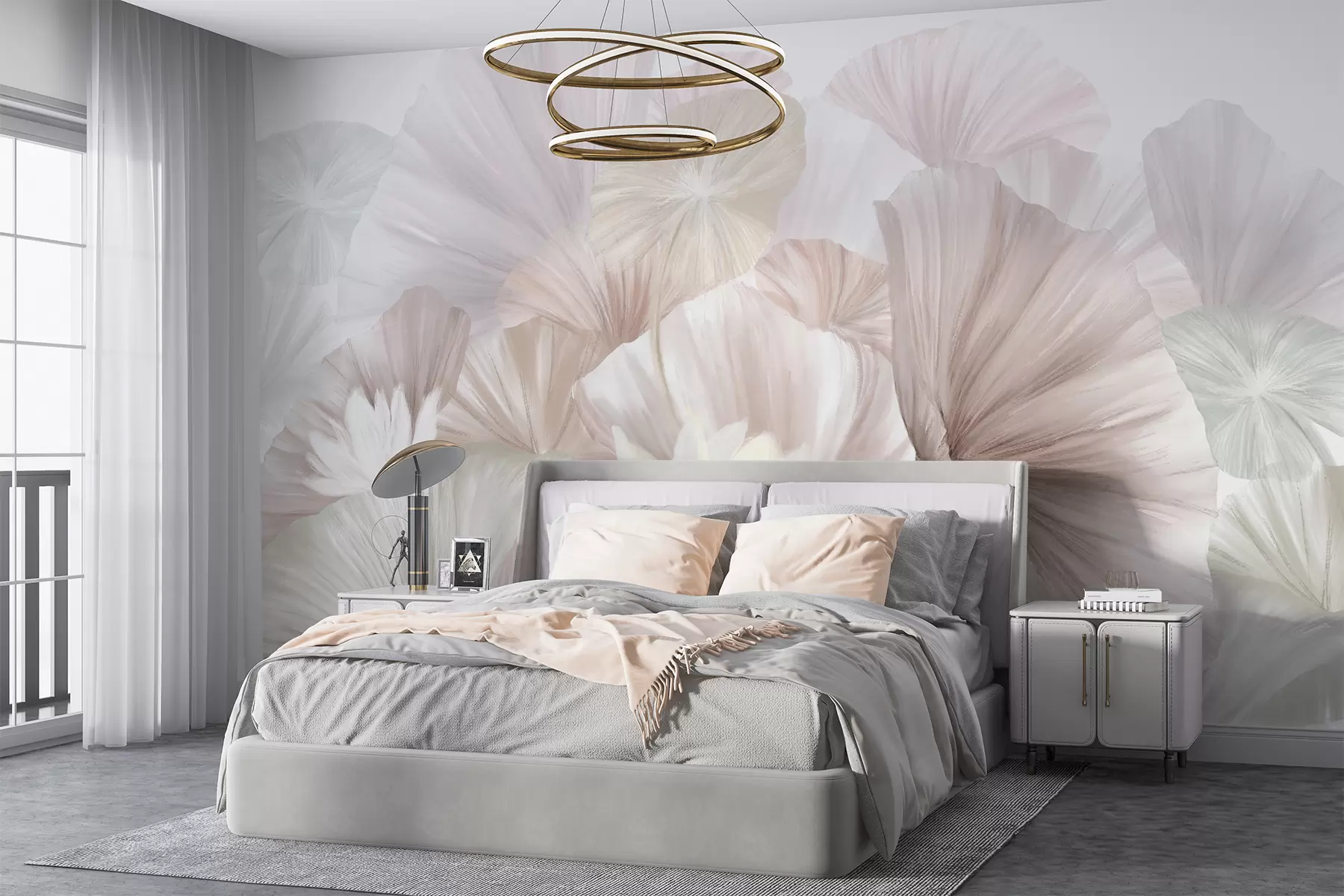 wall murals Нежни ружичасти листови лотоса са белим цветовима са меким, пернатим латицама распоређеним у природну уметничку композицију w08265v1