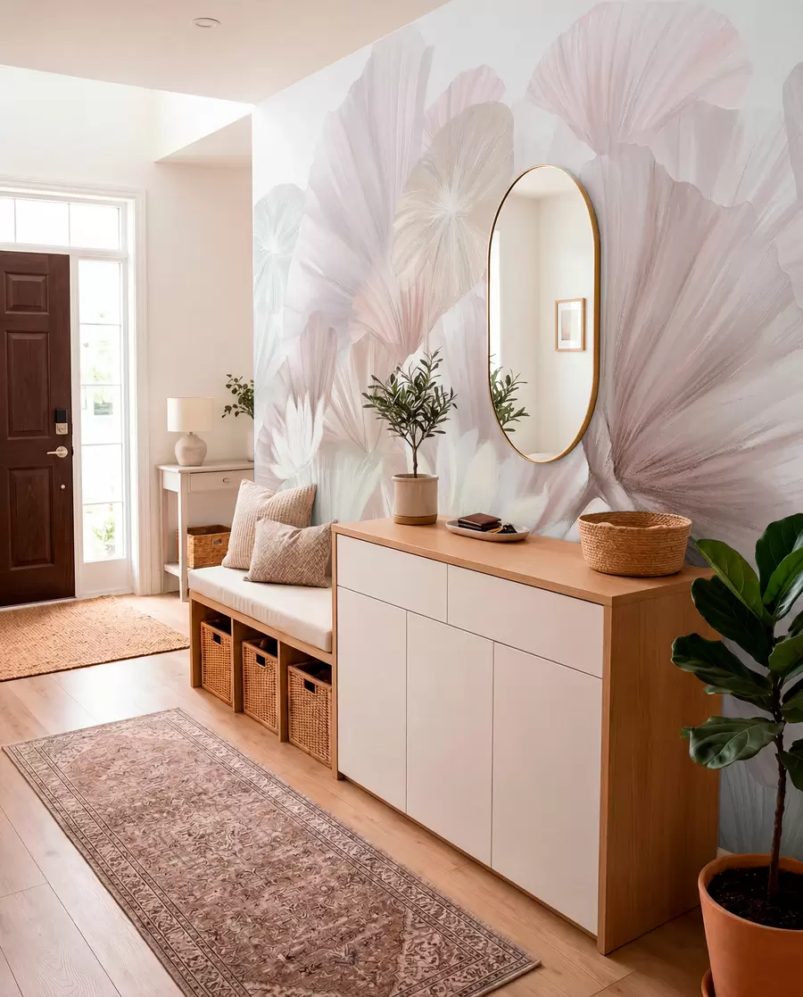wall murals Нежни ружичасти листови лотоса са белим цветовима са меким, пернатим латицама распоређеним у природну уметничку композицију w08265v1