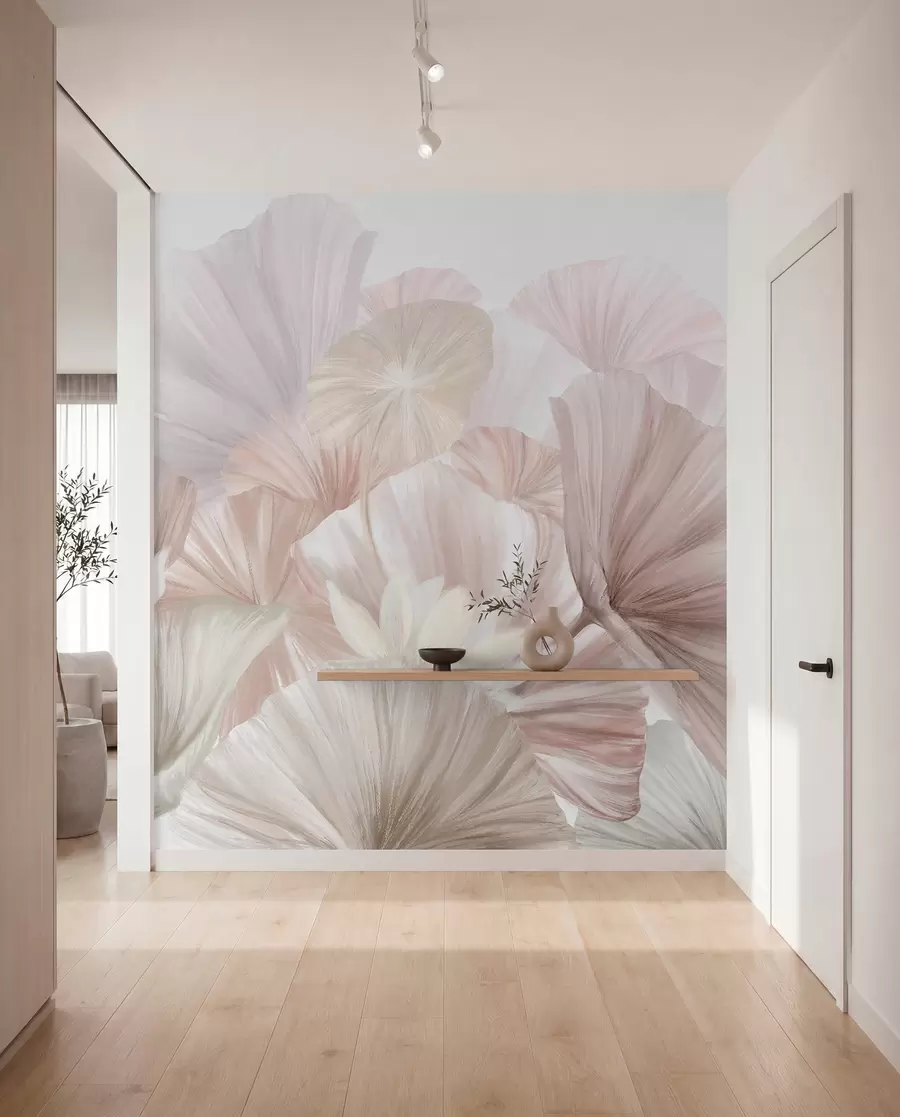 wall murals Нежни ружичасти листови лотоса са белим цветовима са меким, пернатим латицама распоређеним у природну уметничку композицију w08265v1