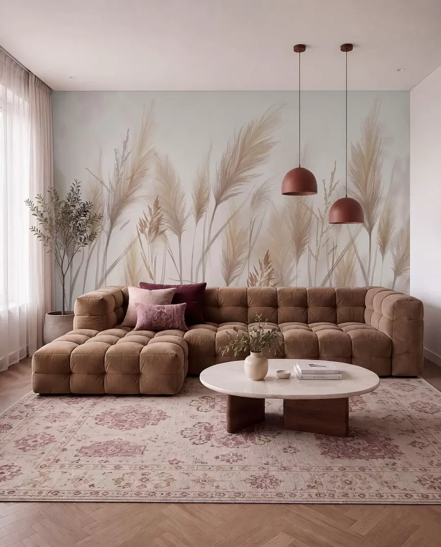 wall murals Класићи високих беж трава које се љуљају на ветру на мекој, светлој позадини w08268