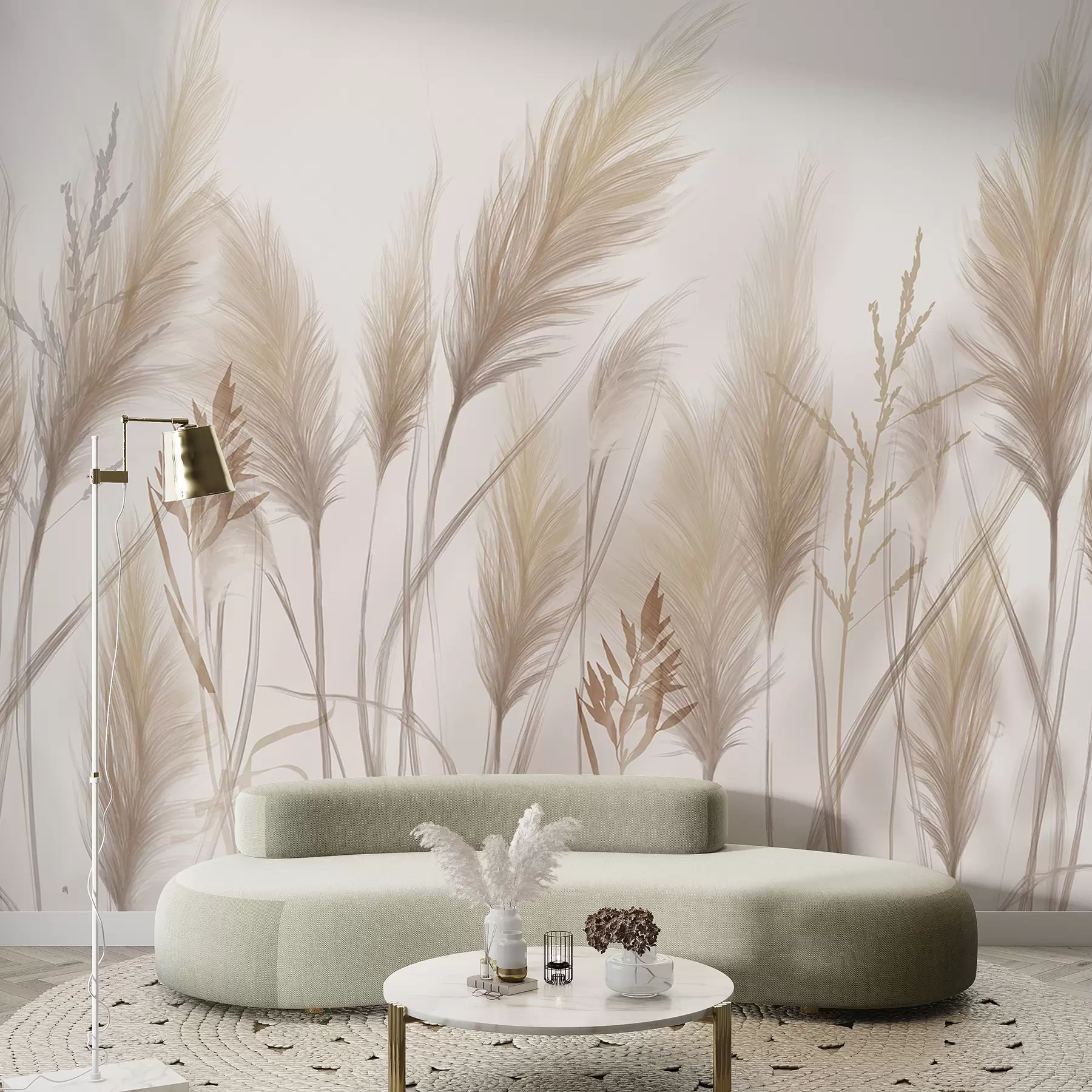 wall murals Класићи високих беж трава које се љуљају на ветру на мекој, светлој позадини w08268