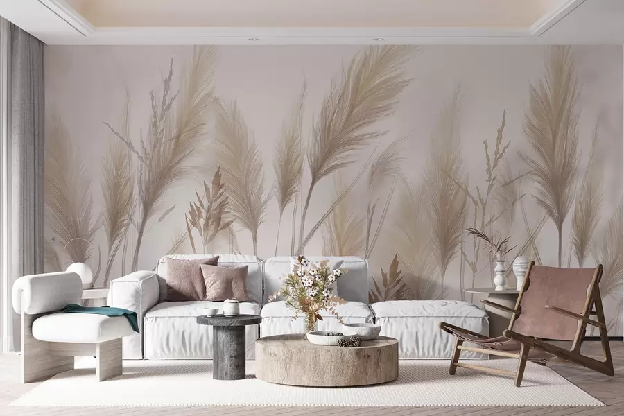 wall murals Класићи високих беж трава које се љуљају на ветру на мекој, светлој позадини w08268