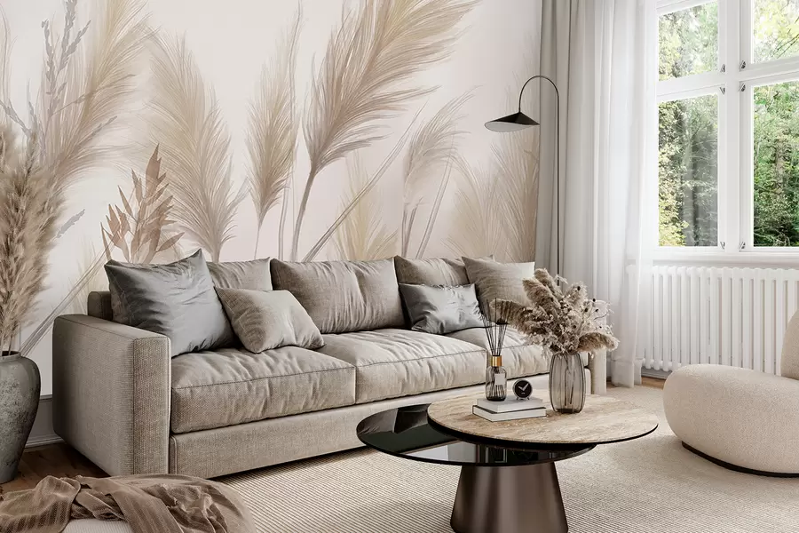 wall murals Класићи високих беж трава које се љуљају на ветру на мекој, светлој позадини w08268