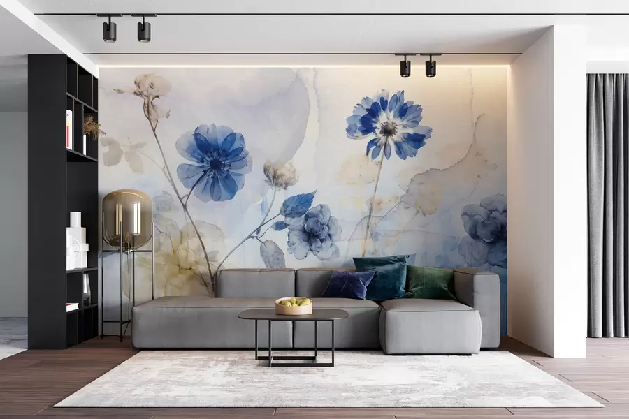 wall murals Плаво-бели акварел провидни цветови у пољу, са меком, замућеном апстрактном позадином w08270