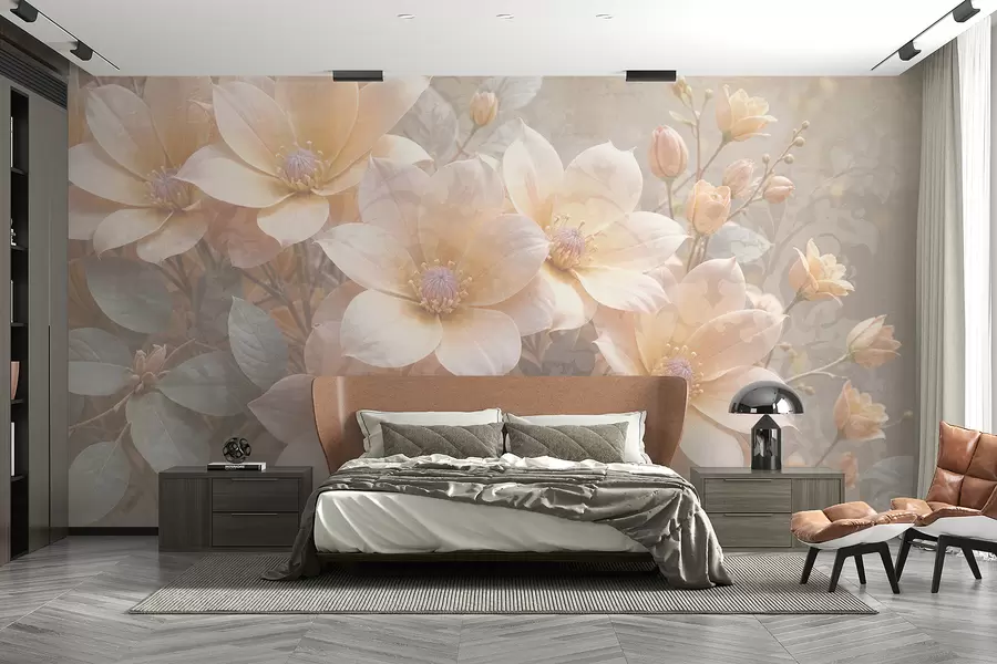 wall murals Цвеће пастелних боја са деликатним латицама на замућеној текстурираној позадини, стварајући спокојну атмосферу w08273