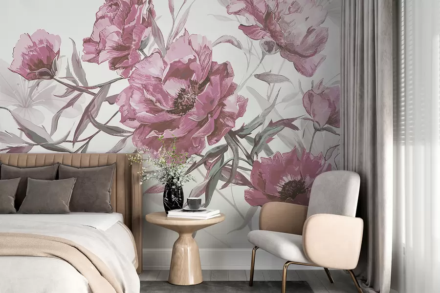 wall murals Сликање ружичастих божура са бујним лишћем на светлој апстрактној позадини  w08274