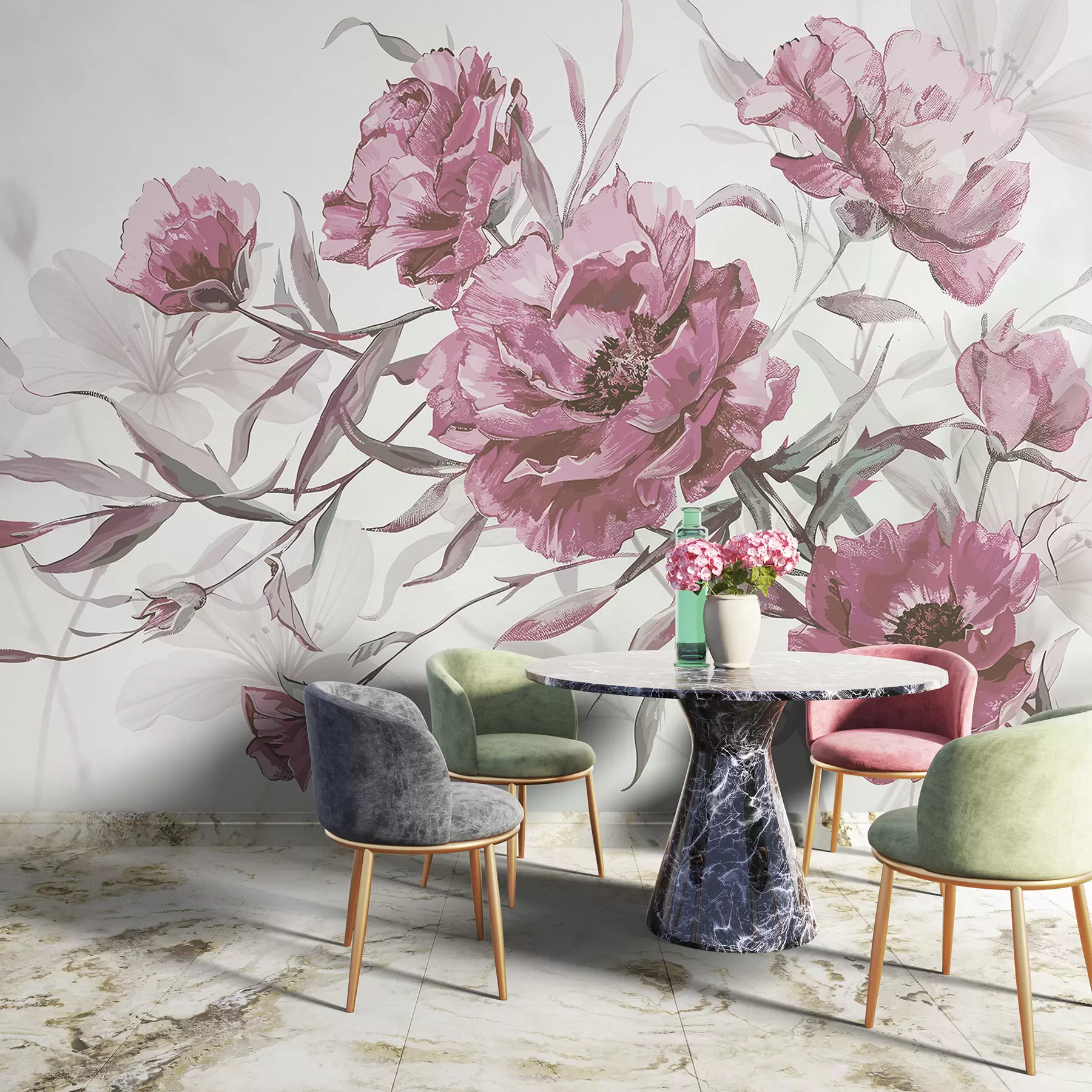 wall murals Сликање ружичастих божура са бујним лишћем на светлој апстрактној позадини  w08274