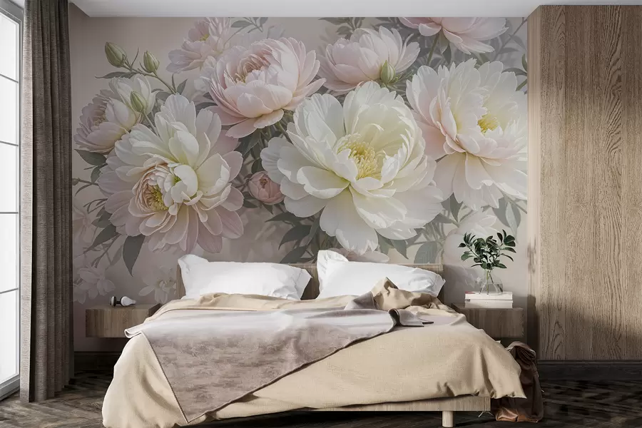 wall murals Букет бујних божура пастелних боја и другог цвећа на мекој, замућеној позадини  w08276