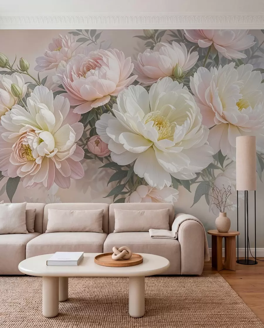 wall murals Букет бујних божура пастелних боја и другог цвећа на мекој, замућеној позадини  w08276
