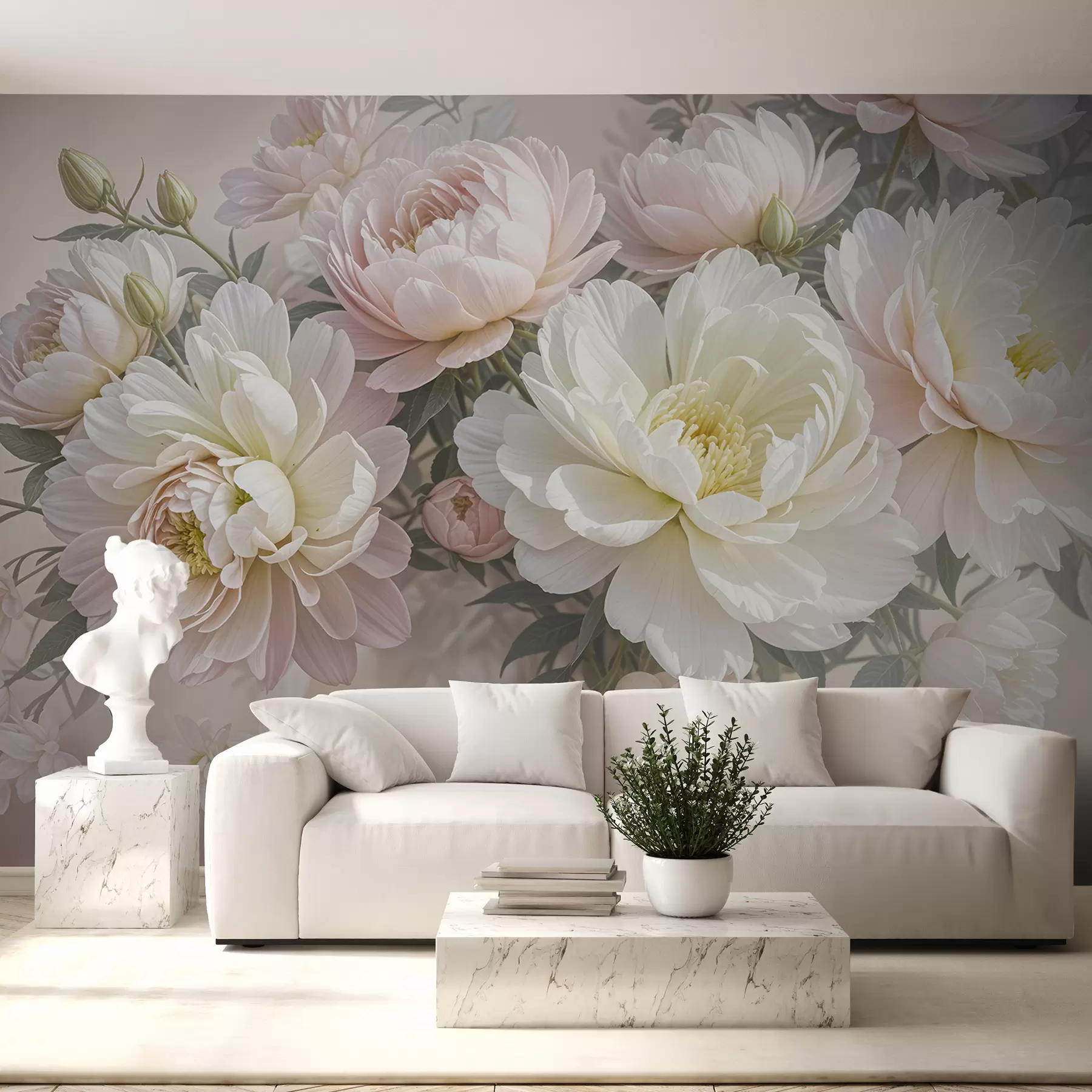 wall murals Букет бујних божура пастелних боја и другог цвећа на мекој, замућеној позадини  w08276