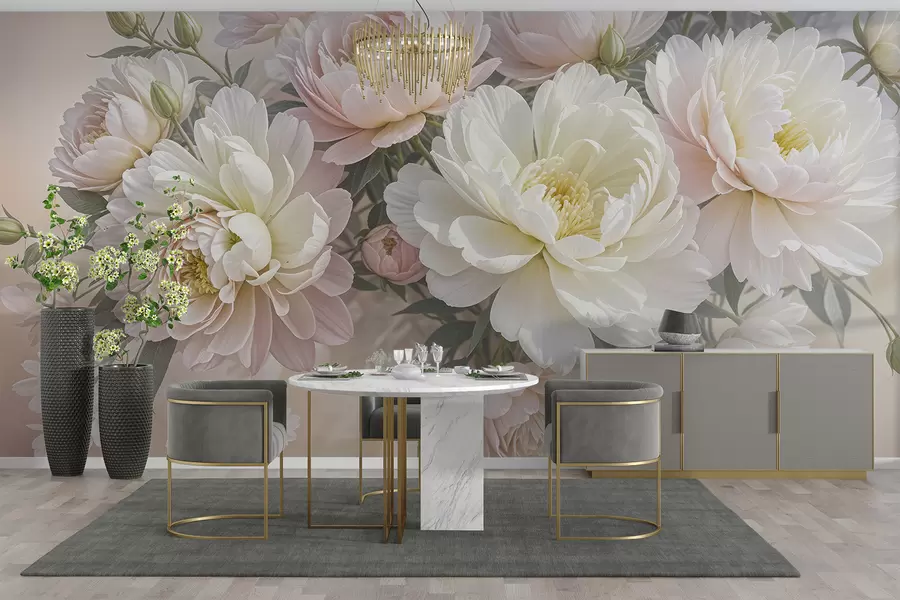 wall murals Букет бујних божура пастелних боја и другог цвећа на мекој, замућеној позадини  w08276