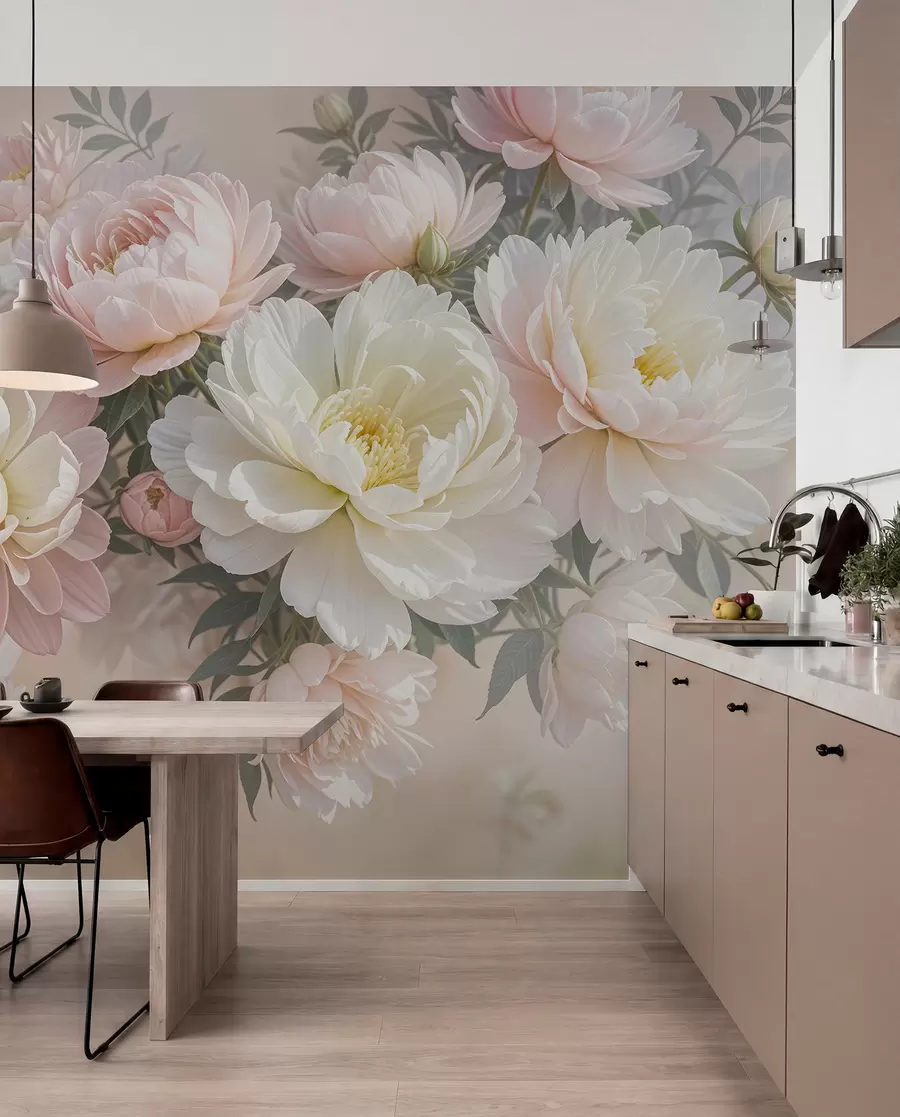 wall murals Букет бујних божура пастелних боја и другог цвећа на мекој, замућеној позадини  w08276