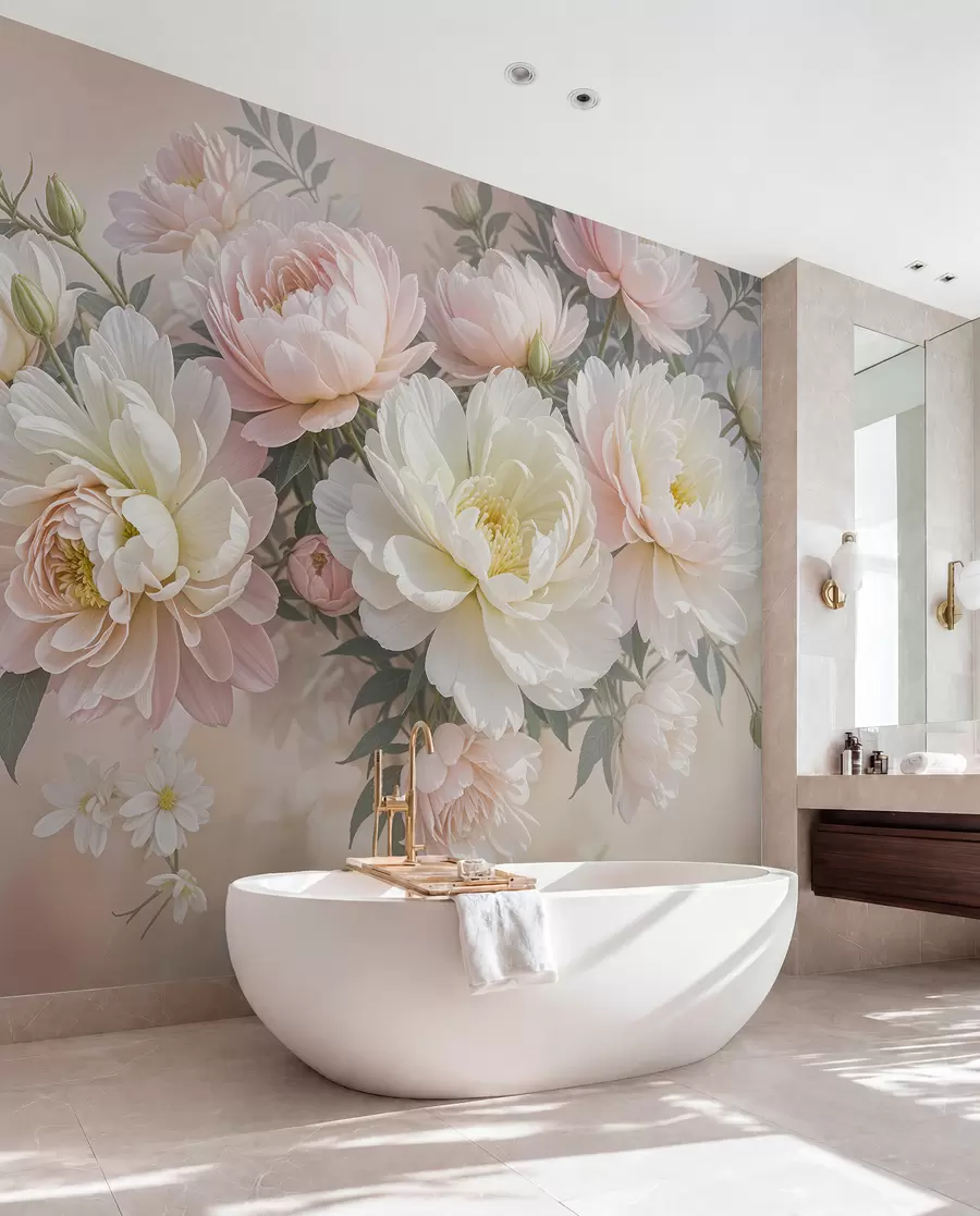 wall murals Букет бујних божура пастелних боја и другог цвећа на мекој, замућеној позадини  w08276