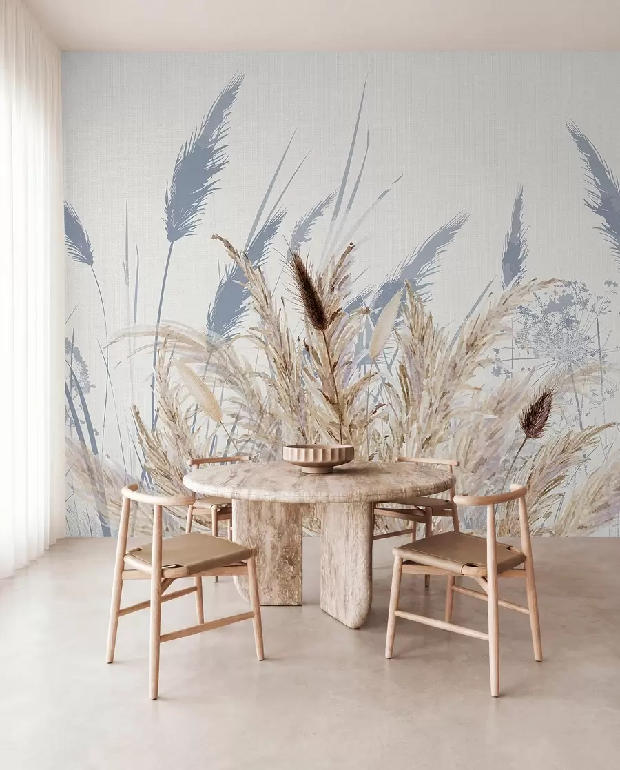 wall murals Високе стабљике пшенице и траве са пахуљастим белим перјем на светлој позадини w08282