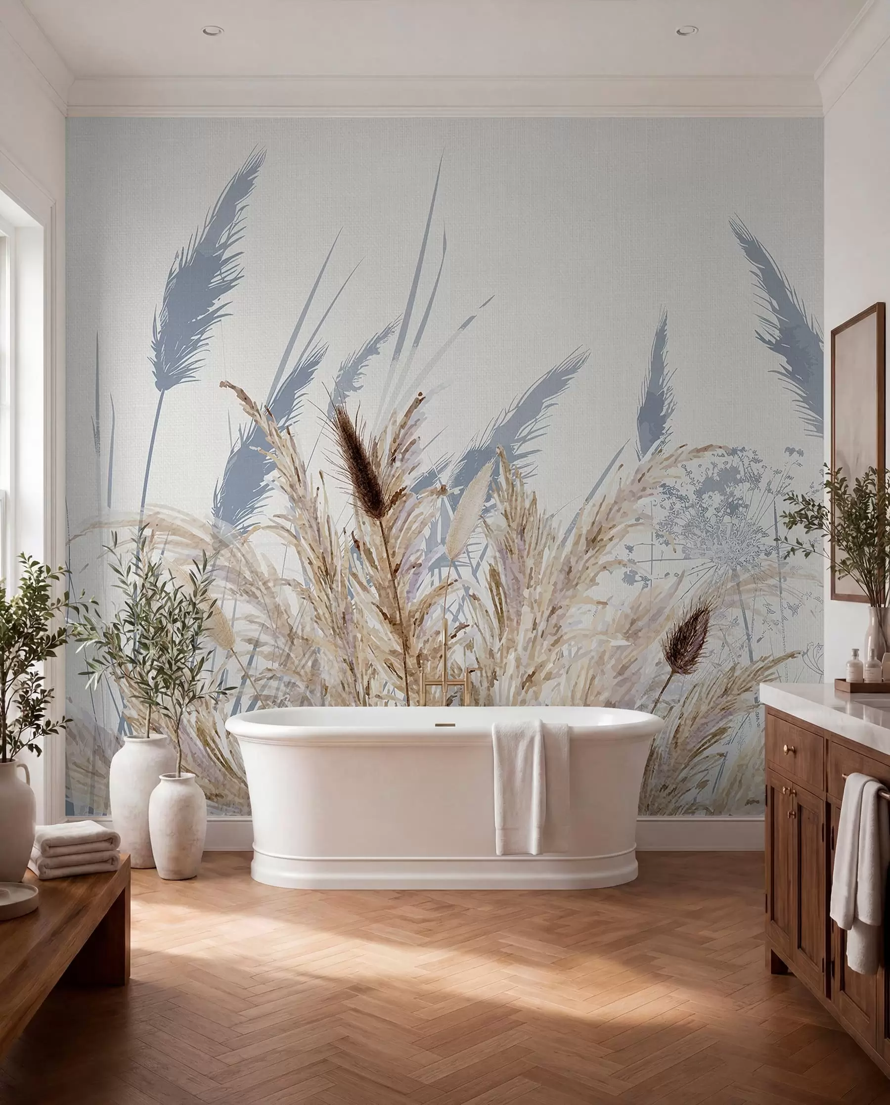 wall murals Високе стабљике пшенице и траве са пахуљастим белим перјем на светлој позадини w08282