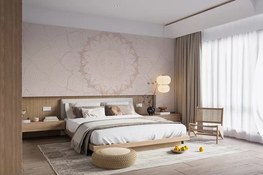 wall murals Округла мандала, тапета за јога простор или за хармонизацију личног простора. Зидна мандала у топлим пастелним бојама на текстурираној неправилној позадини w01088