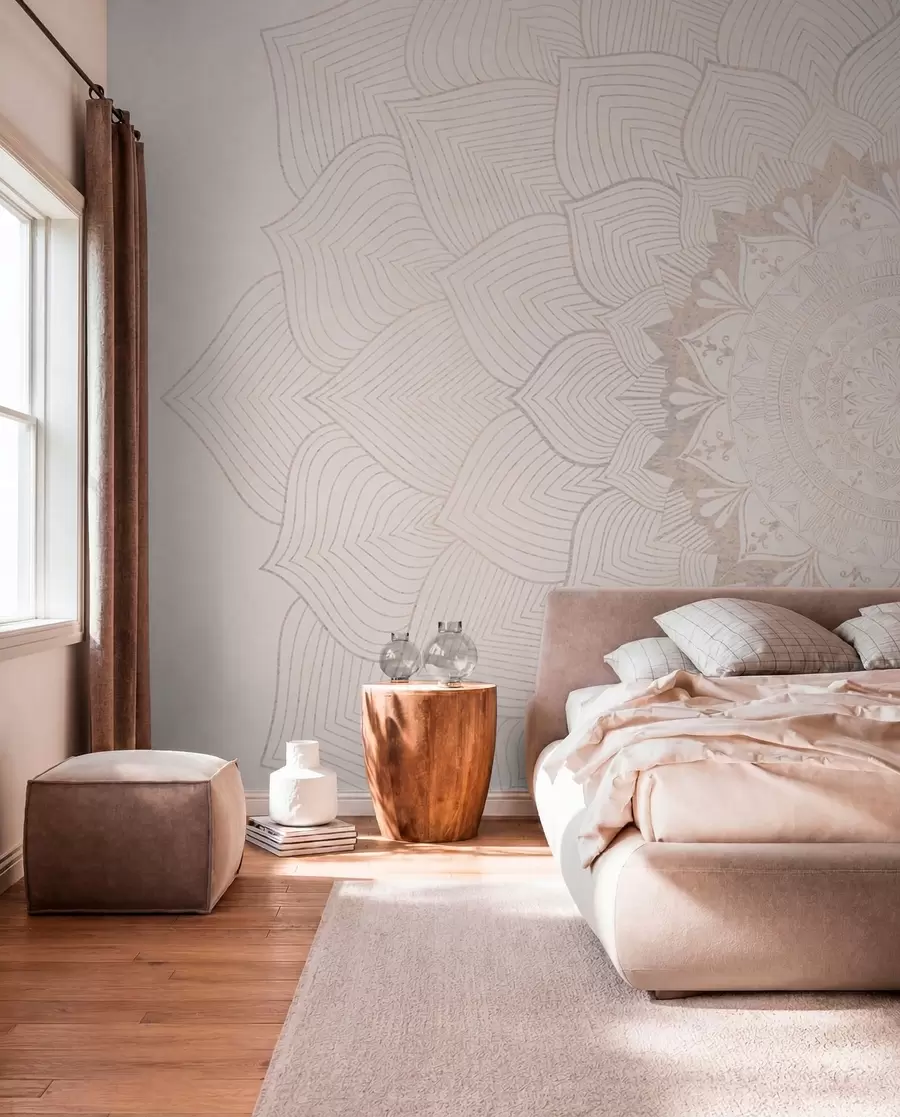 wall murals Округла мандала, тапета за јога простор или за хармонизацију личног простора. Зидна мандала у топлим пастелним бојама на текстурираној неправилној позадини w01088