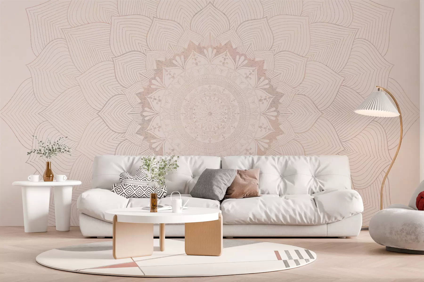 wall murals Округла мандала, тапета за јога простор или за хармонизацију личног простора. Зидна мандала у топлим пастелним бојама на текстурираној неправилној позадини w01088